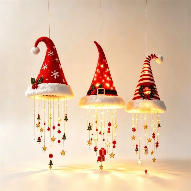 Luz de Natal LED em Forma de Chapéu de Papai Noel, Luzes de Cordão Brilhantes e Quentes, Decoração de Natal para Casa, Escada e Festa.