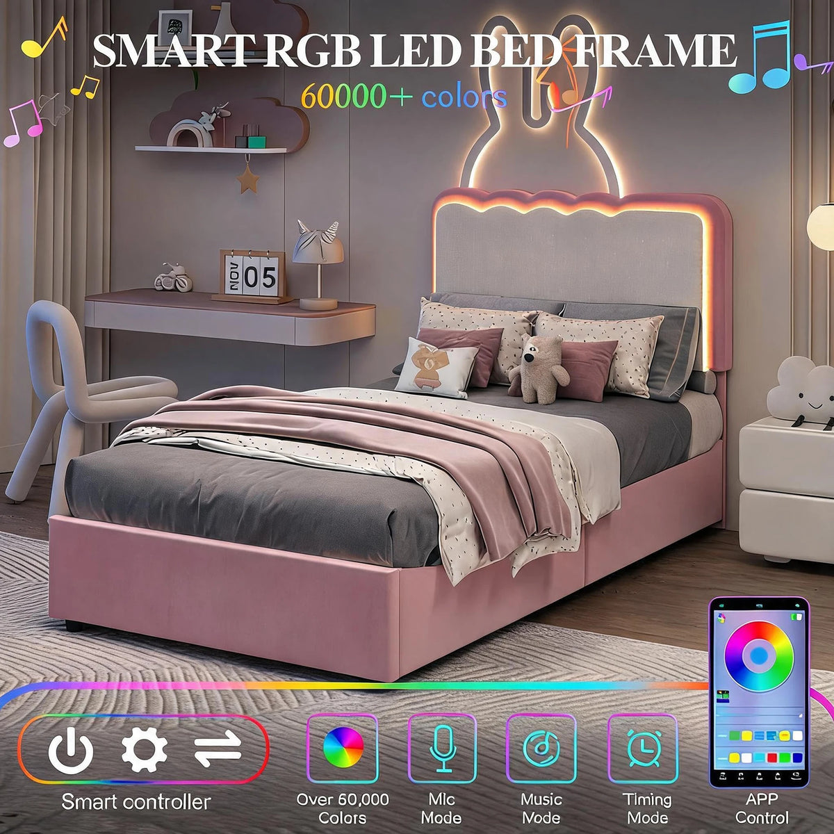 Cama de casal estofada com LED e 2 gavetas de armazenamento, cabeceira de veludo ajustável, cama plataforma para crianças, sem necessidade de estrado.