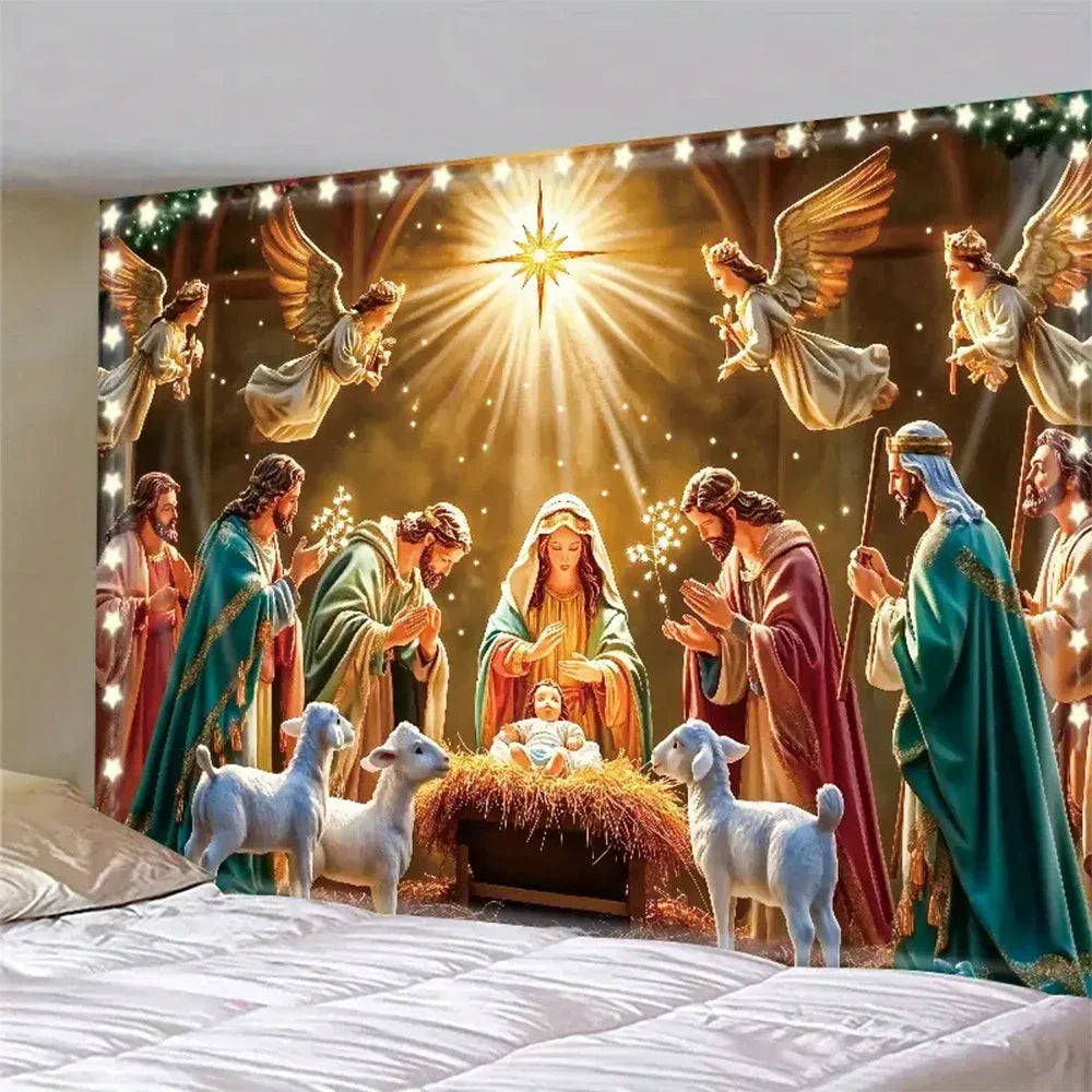 Tapeçaria de Presépio Noite Estrelada, Decoração de Parede Religiosa Tradicional para Natal e Aniversário