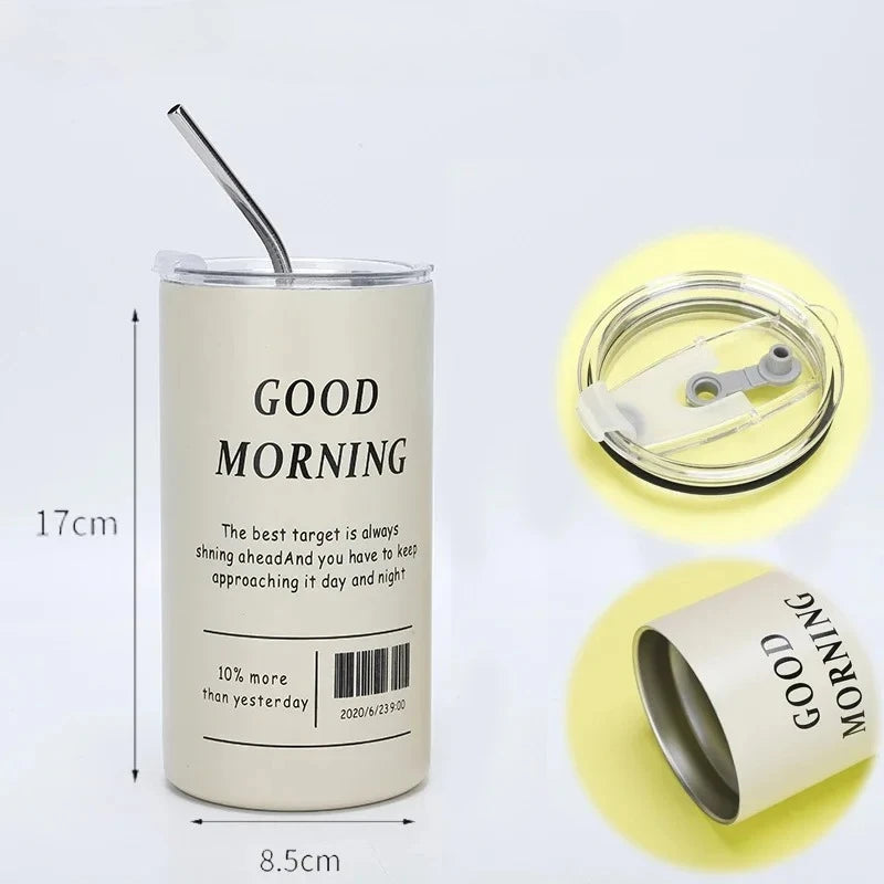 Copo Térmico de Aço Inoxidável 304 de 600ML com Canudo, Copo Reutilizável de Dupla Camada para Café Americano Gelado e Água Fria, Portátil