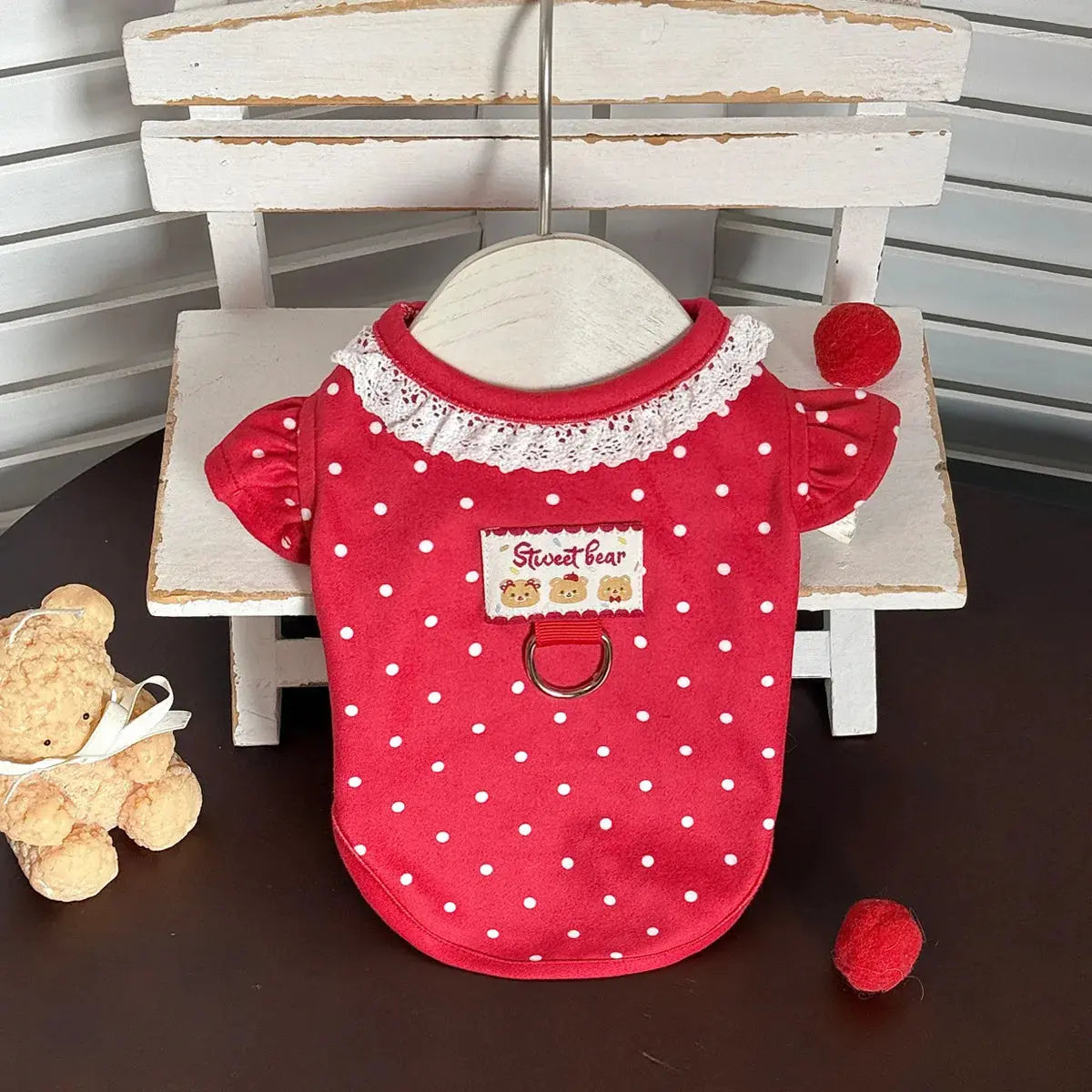 Camiseta de Primavera para Pets, Vestido Princesa Vermelho com Bolinhas, Colete de Renda Fofo para Cães Pequenos e Filhotes Kasa & Pet