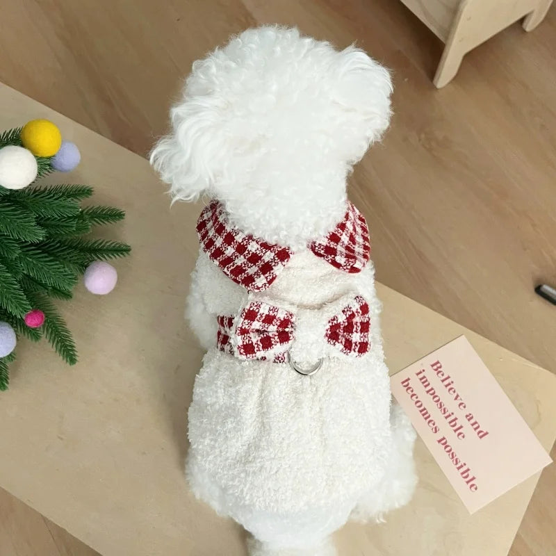 Quente de pelúcia cão com capuz jaqueta bonito arco vestido do cão casaco inverno animal de estimação filhote de cachorro traje vermelho xadrez gato jaqueta casaco pet cardigan roupas para cães