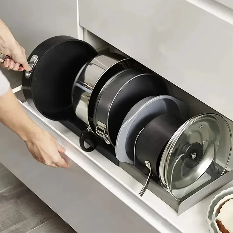 Suporte organizador expansível para panelas e frigideiras, suporte ajustável para tampas de armários sob a pia, organizador de cozinha que economiza espaço para guardar utensílios de cozinha.
