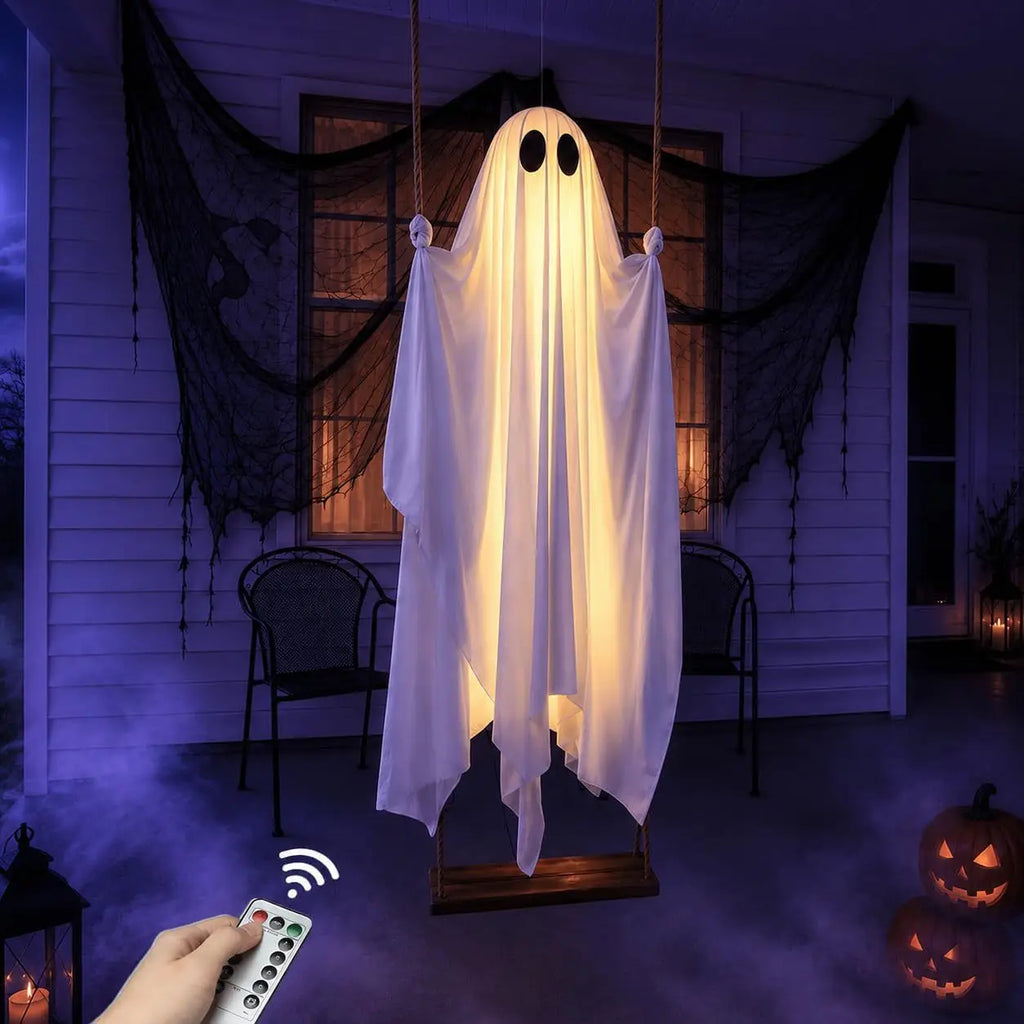 Decoração Suspensa de Fantasma Balançante para Halloween, Ornamento de Fantasma Branco Luminoso, Decoração para Casa Assombrada, Varanda, Quintal, Festa de Terror ao Ar Livre.