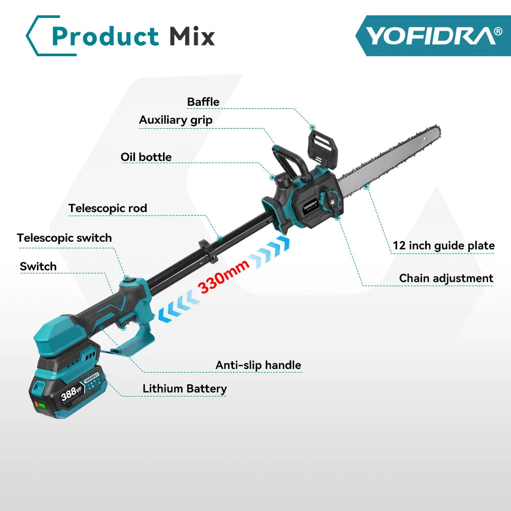 Yofidar 12 Polegada pólo telescópico sem escova motosserra elétrica jardim carpintaria poda serra para makita 18-21v bateria pino