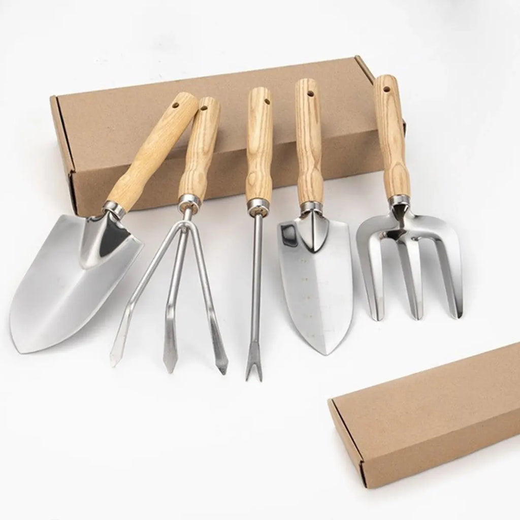 Conjunto Profissional de Ferramentas de Jardinagem com 5 Peças em Aço Inoxidável, Pá Ergonômica para Raízes, Rake para Vasos, Canteiros e Recipientes, Kit para Uso Externo