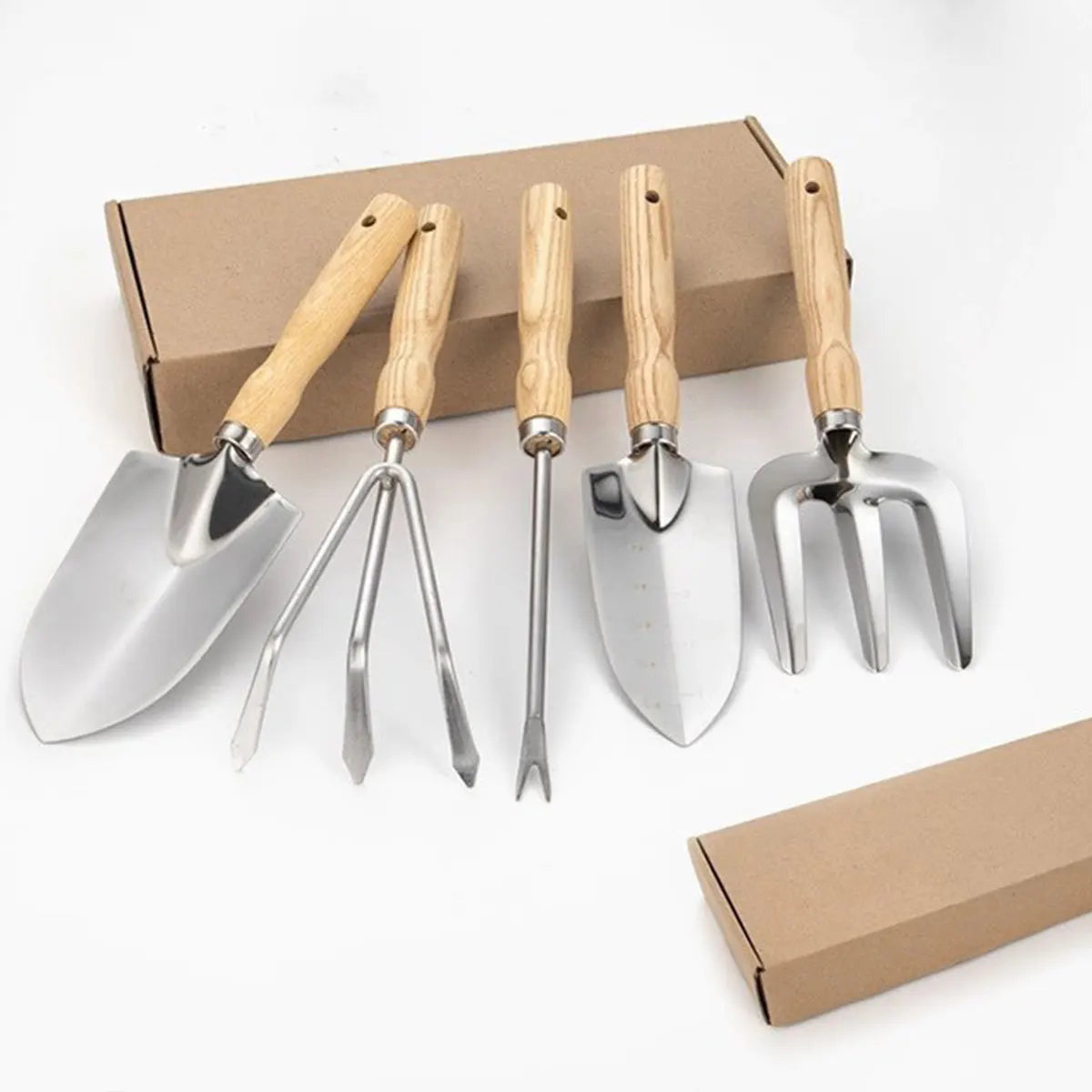 Conjunto Profissional de Ferramentas de Jardinagem com 5 Peças em Aço Inoxidável, Pá Ergonômica para Raízes, Rake para Vasos, Canteiros e Recipientes, Kit para Uso Externo
