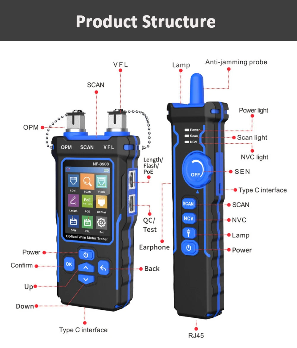 Noyafa-Network Cable Tester, Ethernet Cable Tracker, OPM VFL PoE Checker, Medir Comprimento, Wiremap, Ferramentas de Rede, NF-8508