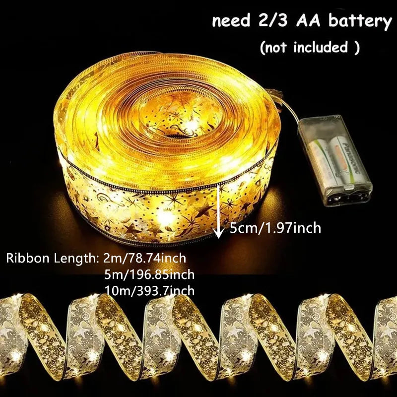 LED Ribbon Fairy Lights para Natal, enfeites de árvore de Natal, decoração, DIY Bows, String Light, Ano Novo, 2025, 2025