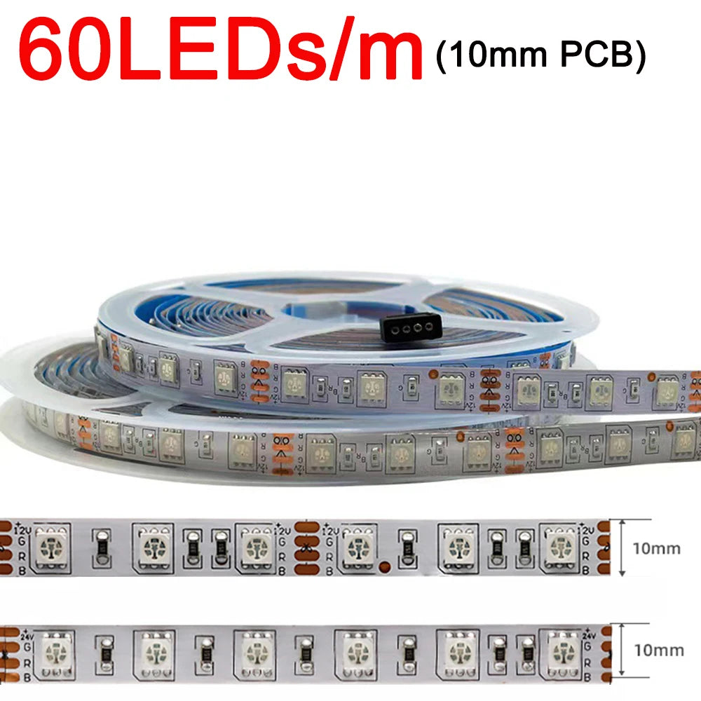 5m 12v 24v dc rgb tira conduzida 30leds/m 60leds/m 96leds/m 120leds/m smd 5050 fita de luz led flexível 8mm 10mm pcb para decoração
