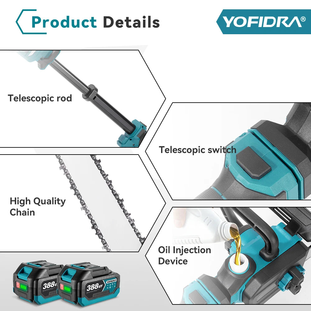 Yofidar 12 Polegada pólo telescópico sem escova motosserra elétrica jardim carpintaria poda serra para makita 18-21v bateria pino