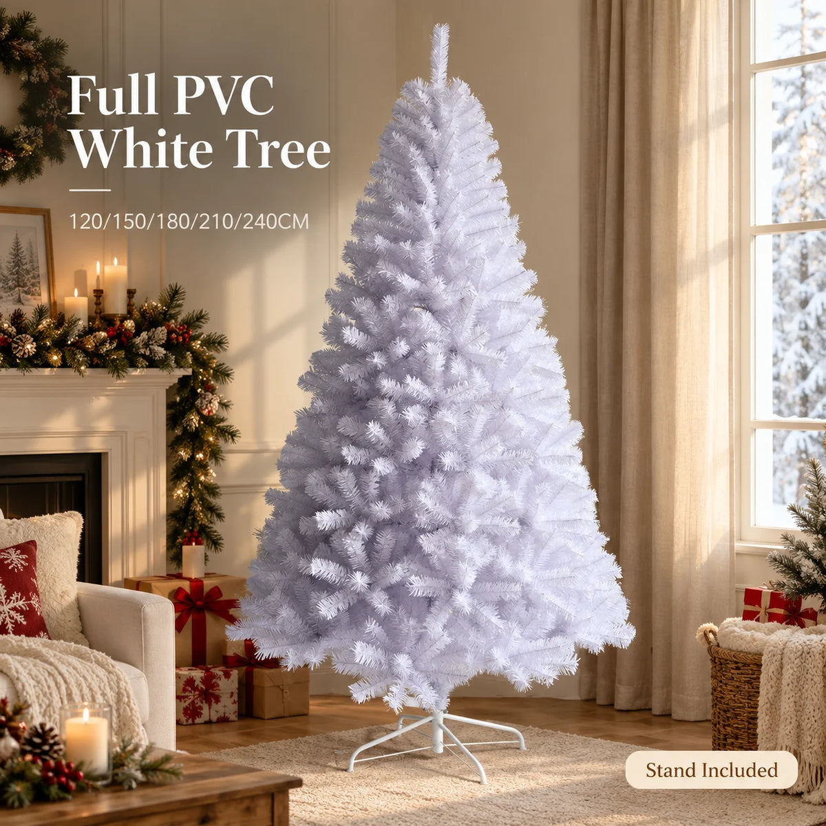 Árvore de Natal artificial branca, totalmente em PVC, 120-240 cm, com ramos densos, suporte de metal opcional, luzes quentes, decoração de Natal para casa.