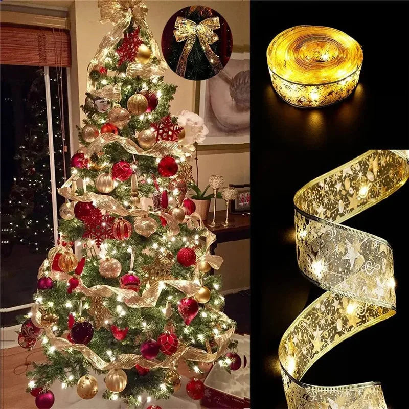 LED Ribbon Fairy Lights para Natal, enfeites de árvore de Natal, decoração, DIY Bows, String Light, Ano Novo, 2025, 2025