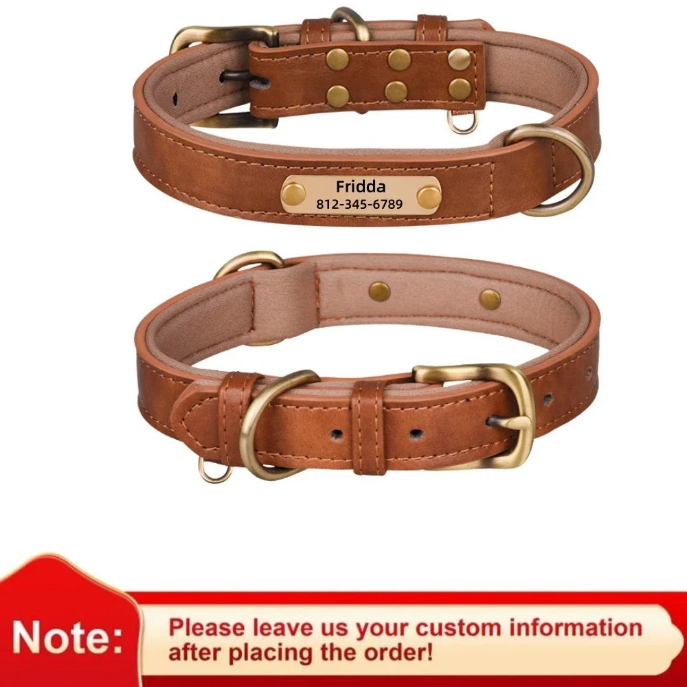 Coleira de Cão Personalizada em Couro com Placa de Identificação, Almofadada e Macia, Gravação Gratuita do Nome para Cães Pequenos, Médios e Grandes