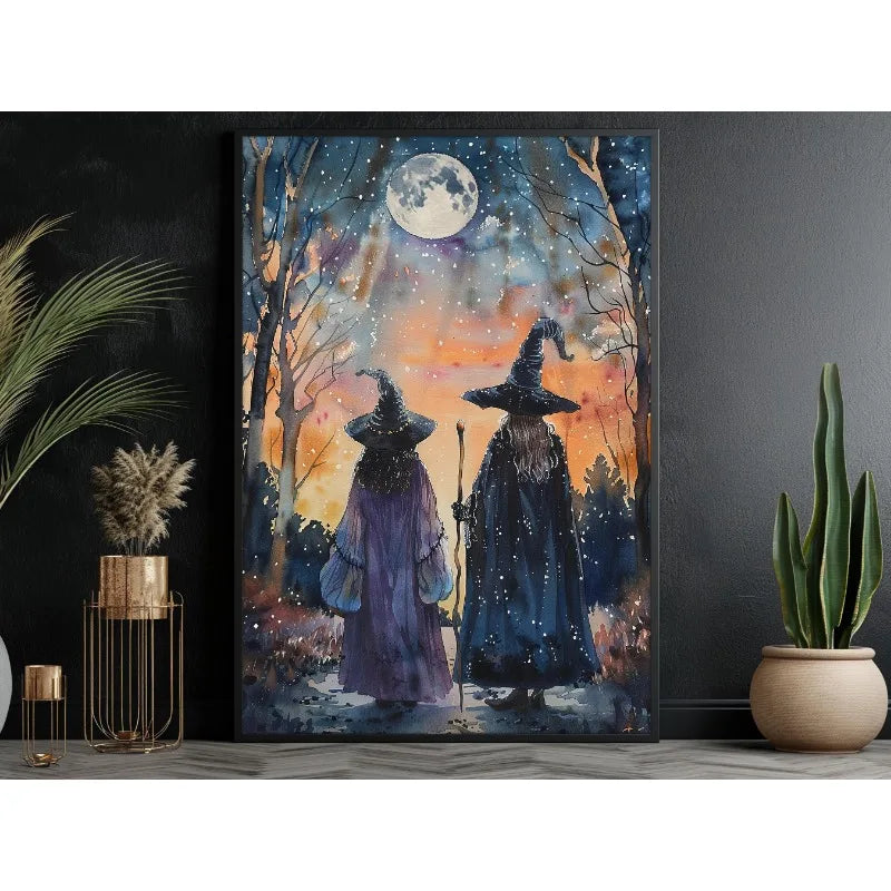 Pôster de Decoração de Parede de Halloween: Bruxa Sombria no Bosque com Flores - Impressão em Tela Sem Moldura para Decoração Festiva de Casa