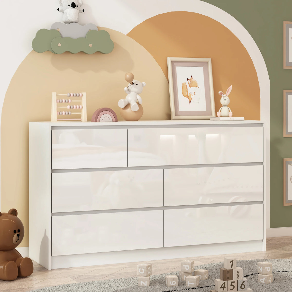 Armário de 7 gavetas com gavetas de alto brilho, grande peito de madeira, branco e preto, 55 "cômoda moderna para o quarto
