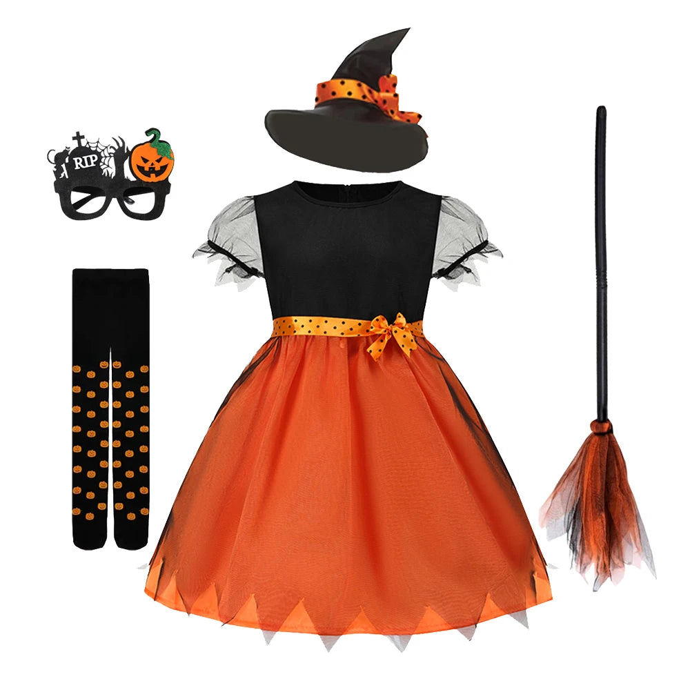 Fantasia de Halloween para Meninas 2026: Vestido de Abóbora e Bruxa com Chapéu para Carnaval e Festas - Roupa Infantil