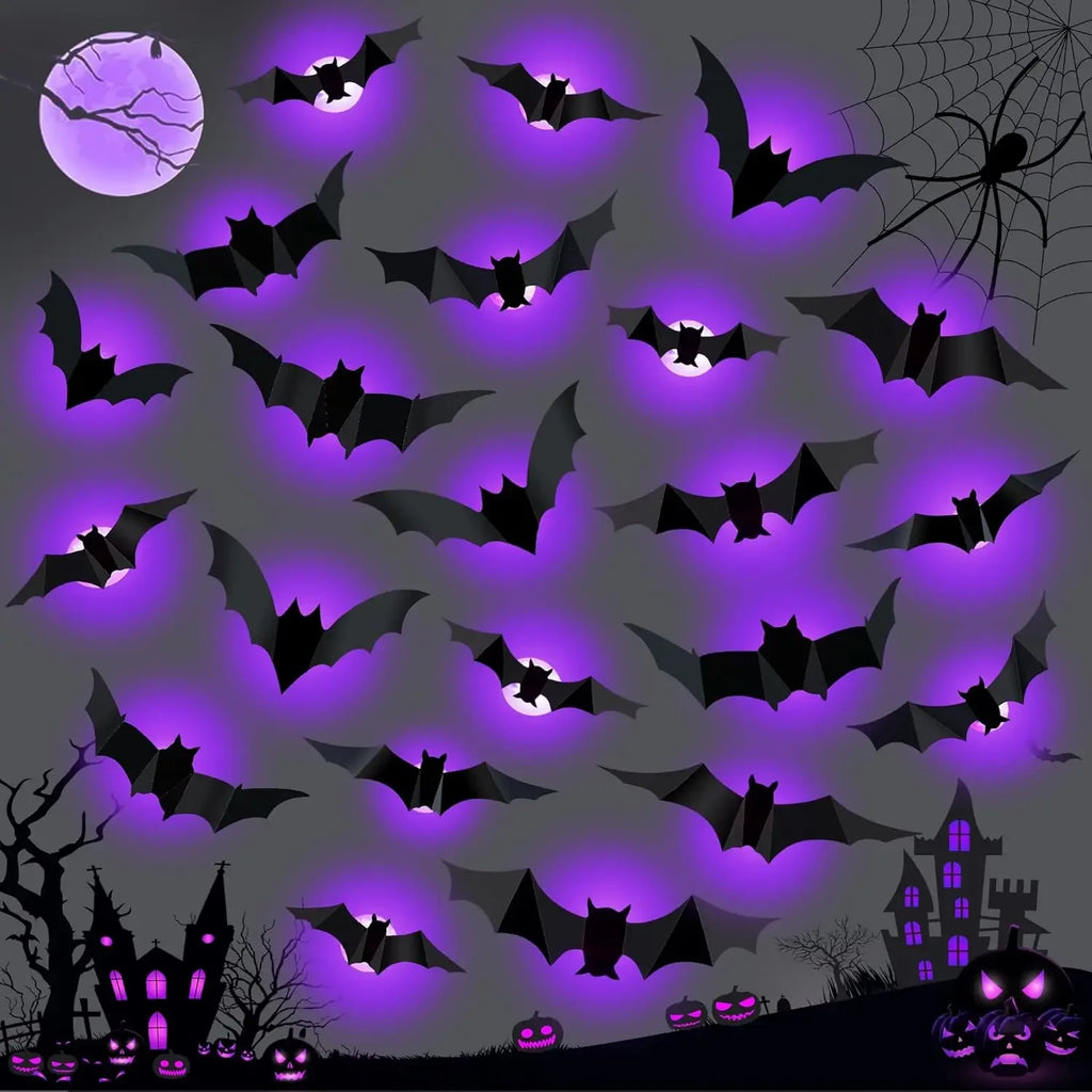 Halloween led morcegos aranha decoração brilho no escuro 3d adesivos de parede roxo/verde luzes para interior ao ar livre festa de halloween assustadores