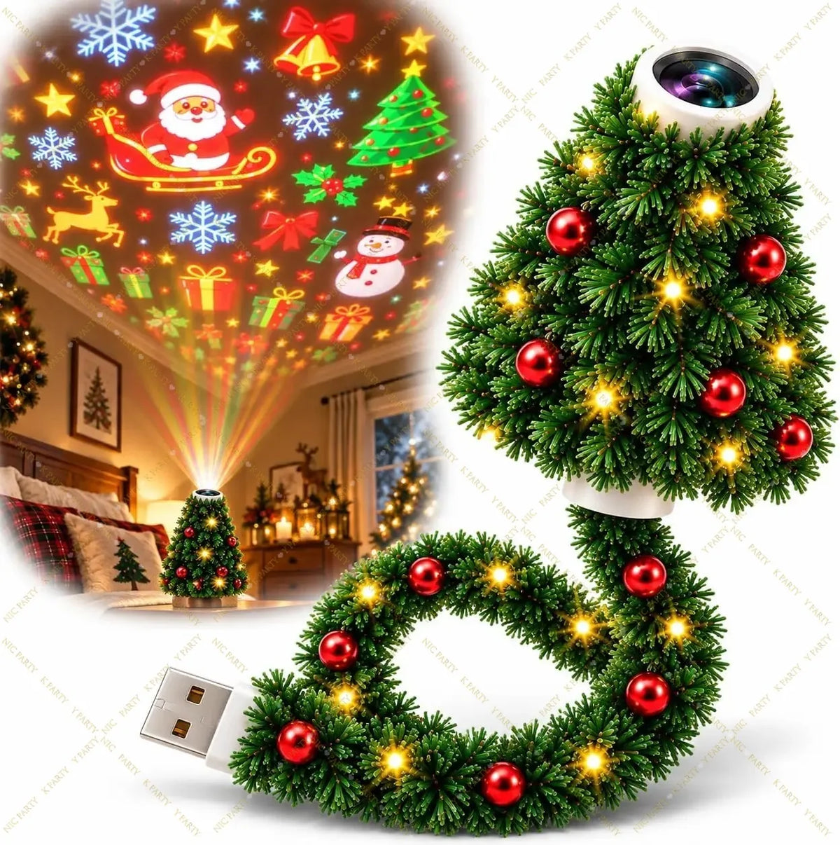 Projetor de árvore de Natal para decoração de interiores, HD, USB, Natal, reproduz cenas festivas, projetor de luz artesanal para casa, parede, decoração de festa de Natal.
