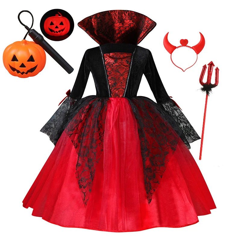 Fantasia de Personagem Vampiro Diabo para Meninas, Vestido de Tule Preto e Vermelho com Acessório de Chifre para Festa de Halloween