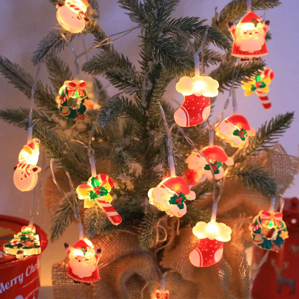 Luzes de corda de Natal LED, com Papai Noel/boneco de neve/cana de doces/meia de Natal/designs de flocos de neve, para festa de Natal/interior/árvore