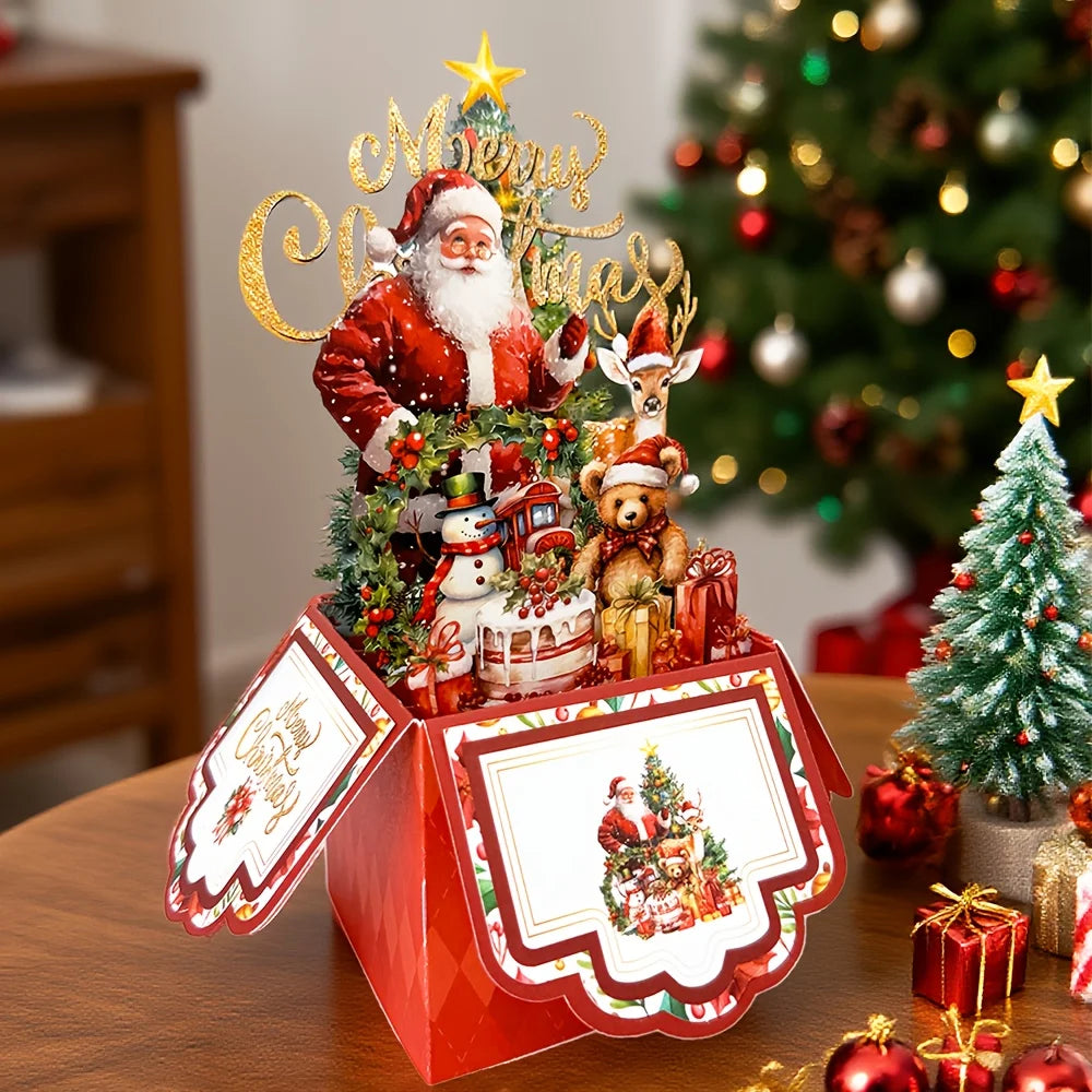 Cartões de Natal com Tema de Árvore de Natal, Papai Noel e Rena, Cartão Pop-Up 3D com Envelope, Suprimentos de Decoração para Festas de Fim de Ano, 1 unidade