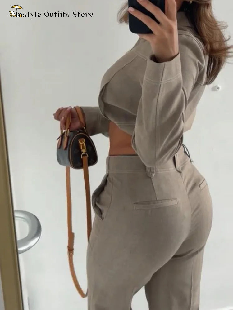 Casual Trousers Set Women Cotton Linen Lapel Zippers Crop Top Straight Pants Sets Lady 2026 Spring Solid Suit Woman Streetwear