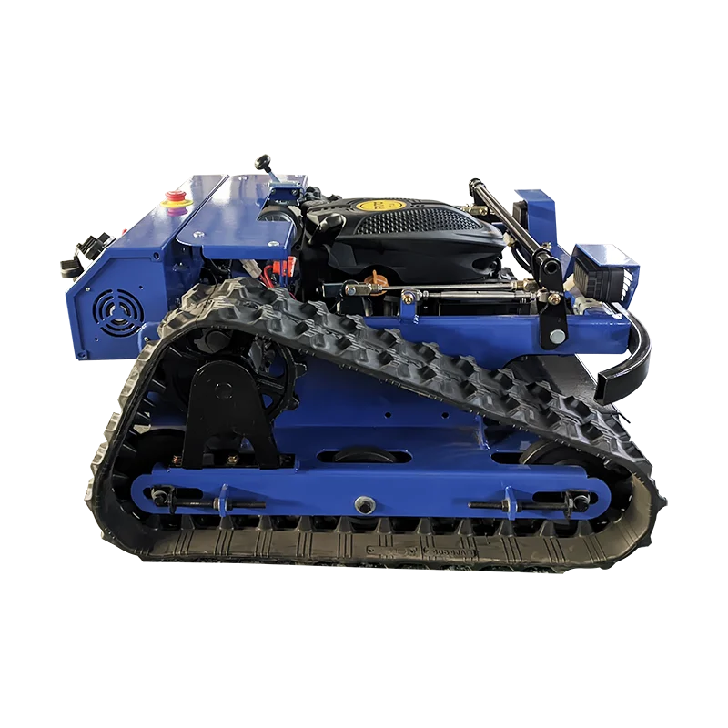 Cortador de grama com controle remoto, multifuncional e trilho, ideal para encostas.