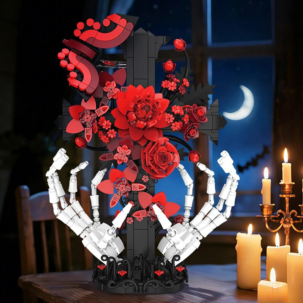 Decoração de Mesa Gótica Escura para Halloween: Brinquedo de Blocos de Montar Mão de Esqueleto com Rosa e Cruz – Ornamento Assustador, Presente Criativo DIY para Adultos