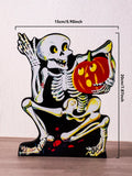 Decoração de mesa de esqueleto de Halloween, esqueleto segurando forma de abóbora, enfeites de mesa de madeira, presente de decoração de casa e festa assustador