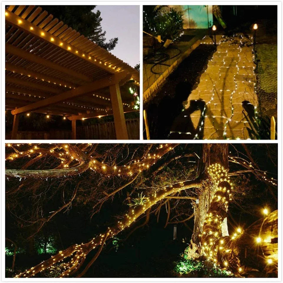 Luz solar ao ar livre da corda led guirlanda de fadas 8 modo jardim quintal festa decoração natal lâmpada fio cobre