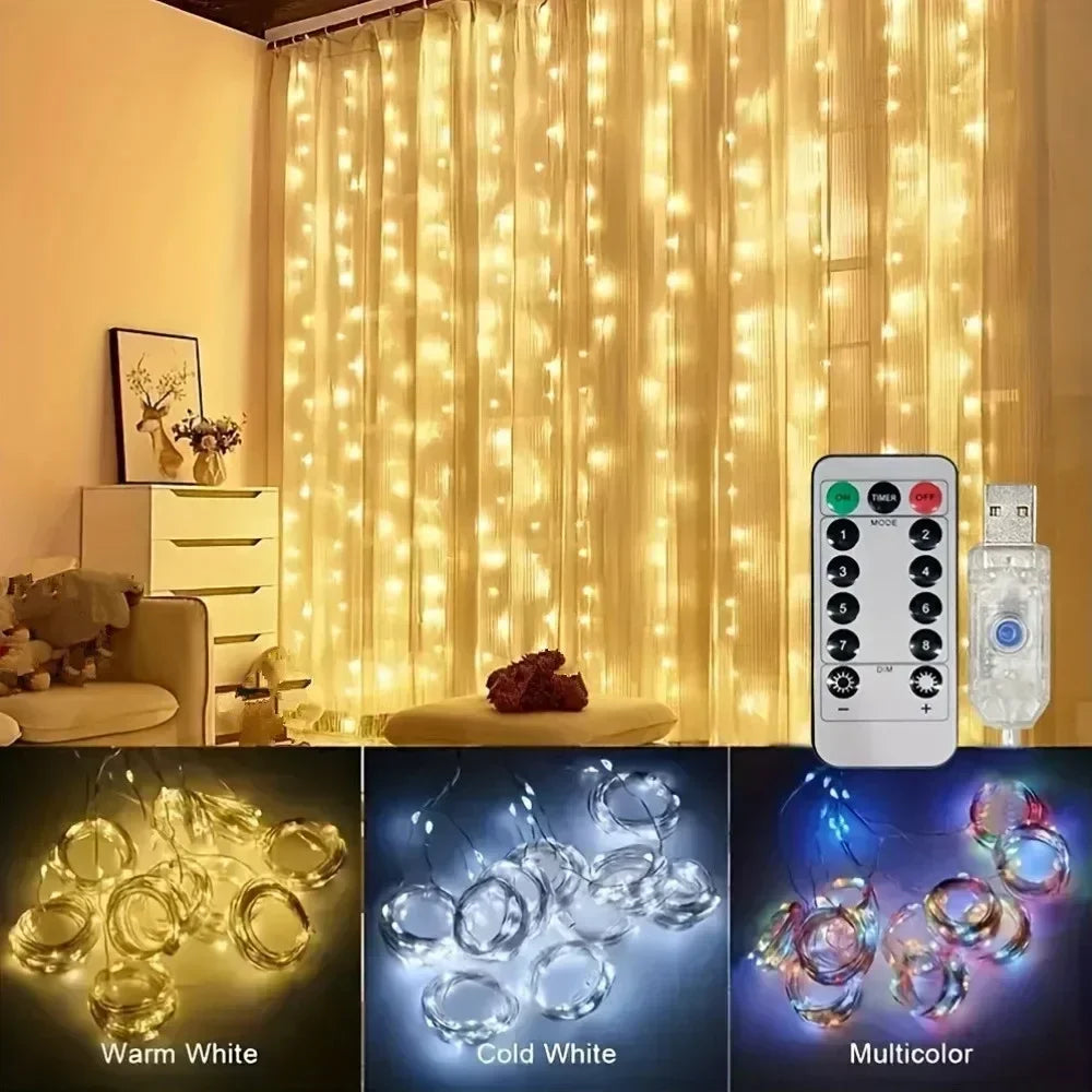 Ano novo 2026 lâmpada luzes de natal led fada string cortina luzes 8 modo remoto usb festão decoração natal para casa férias