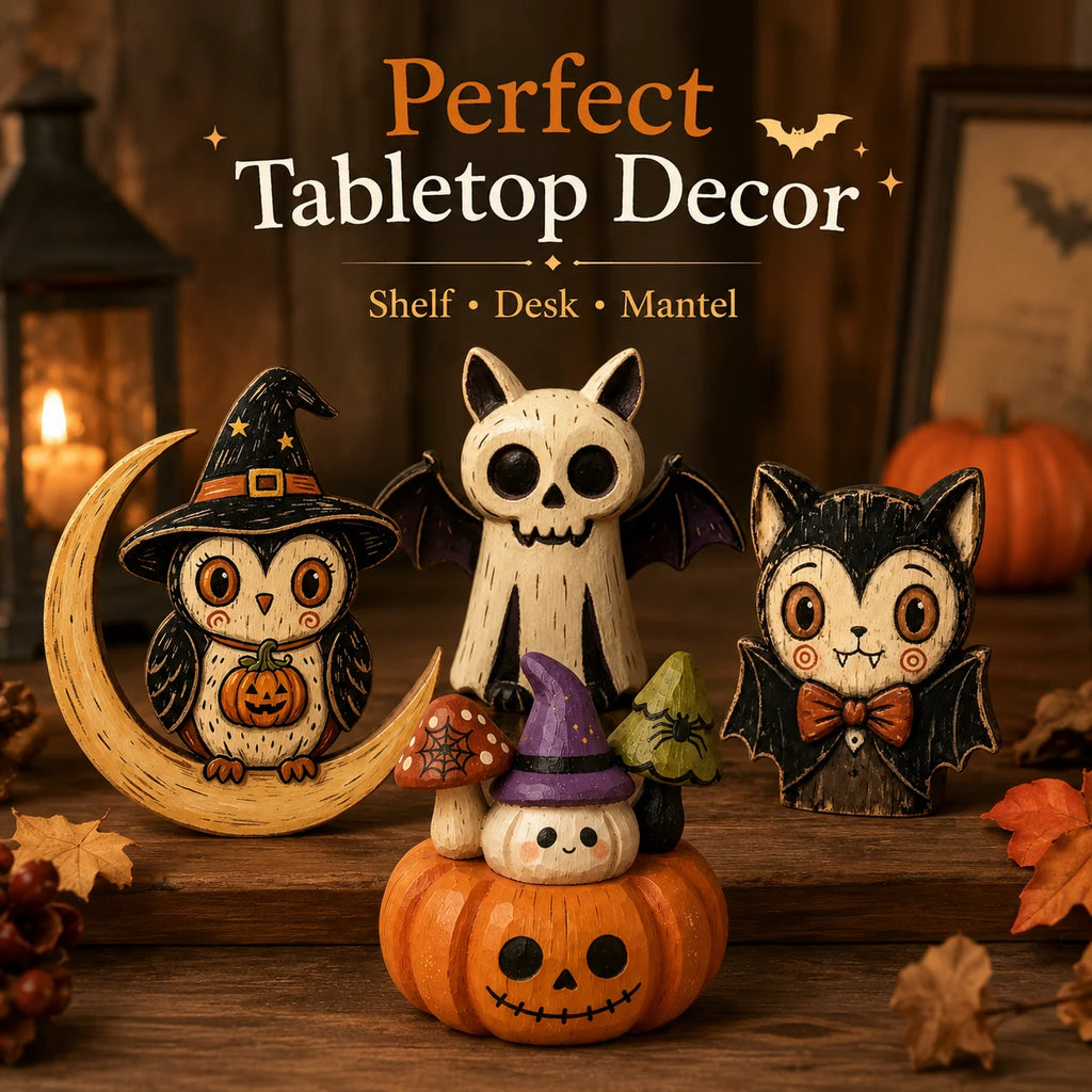 Decoração de Mesa de Madeira para Halloween, Figuras Pintadas à Mão de Coruja, Fantasma, Abóbora e Gato Vampiro para Decoração de Prateleira e Festa