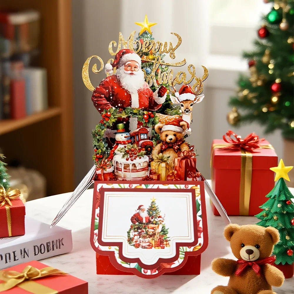 Cartões de Natal com Tema de Árvore de Natal, Papai Noel e Rena, Cartão Pop-Up 3D com Envelope, Suprimentos de Decoração para Festas de Fim de Ano, 1 unidade