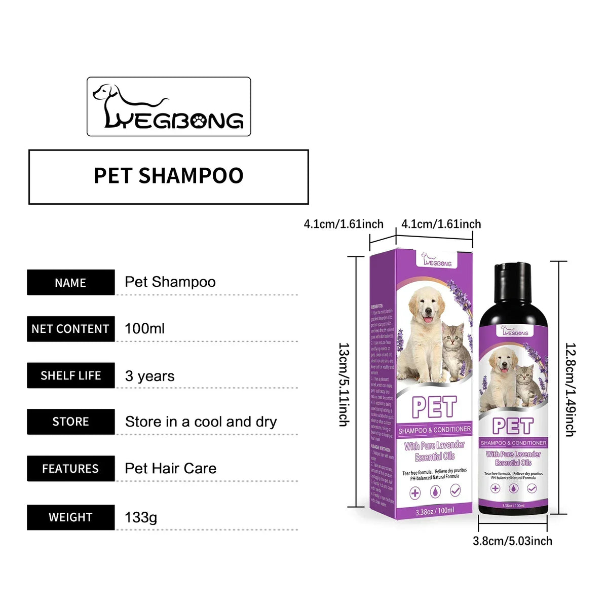 Shampoo e Condicionador para Animais de Estimação com Óleos Essenciais Puros de Lavanda, Fórmula Sem Lágrimas para Cães e Gatos, pH Balanceado, Cuidado Suave 100ml