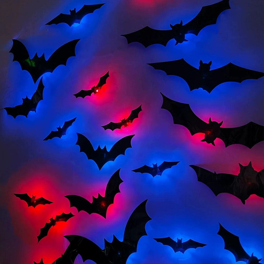 Luz Noturna LED Halloween Morcego Estéreo 3D Adesivo de Parede Material PET Enfeite Festivo para Celebrações Reuniões Residência Ornamento Luminoso Decorativo Ambiente Interior