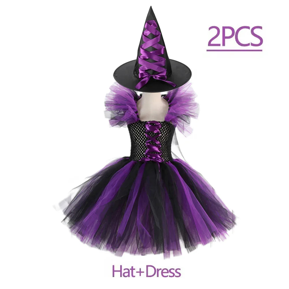 Crianças trajes de bruxa de halloween para meninas carnaval festa fantasia vestido crianças bruxas disfarce tutu roupa com vassoura chapéu