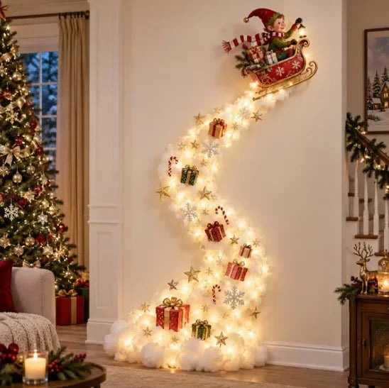 Decoração de parede natalina luminosa, luz de parede para casa, cena mágica de Natal, trenó do Papai Noel, renas, decoração natalina suspensa