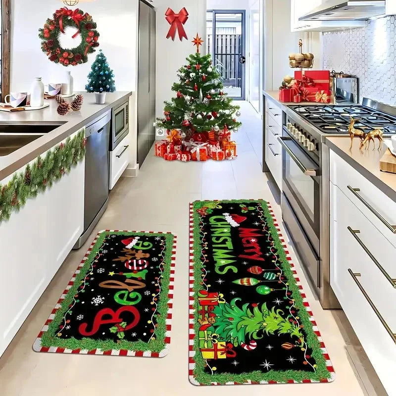 Tapete de chão vermelho com tema de árvore de Natal, para cozinha e casa, antiderrapante, decoração de Natal para casa, Feliz Ano Novo 2026.