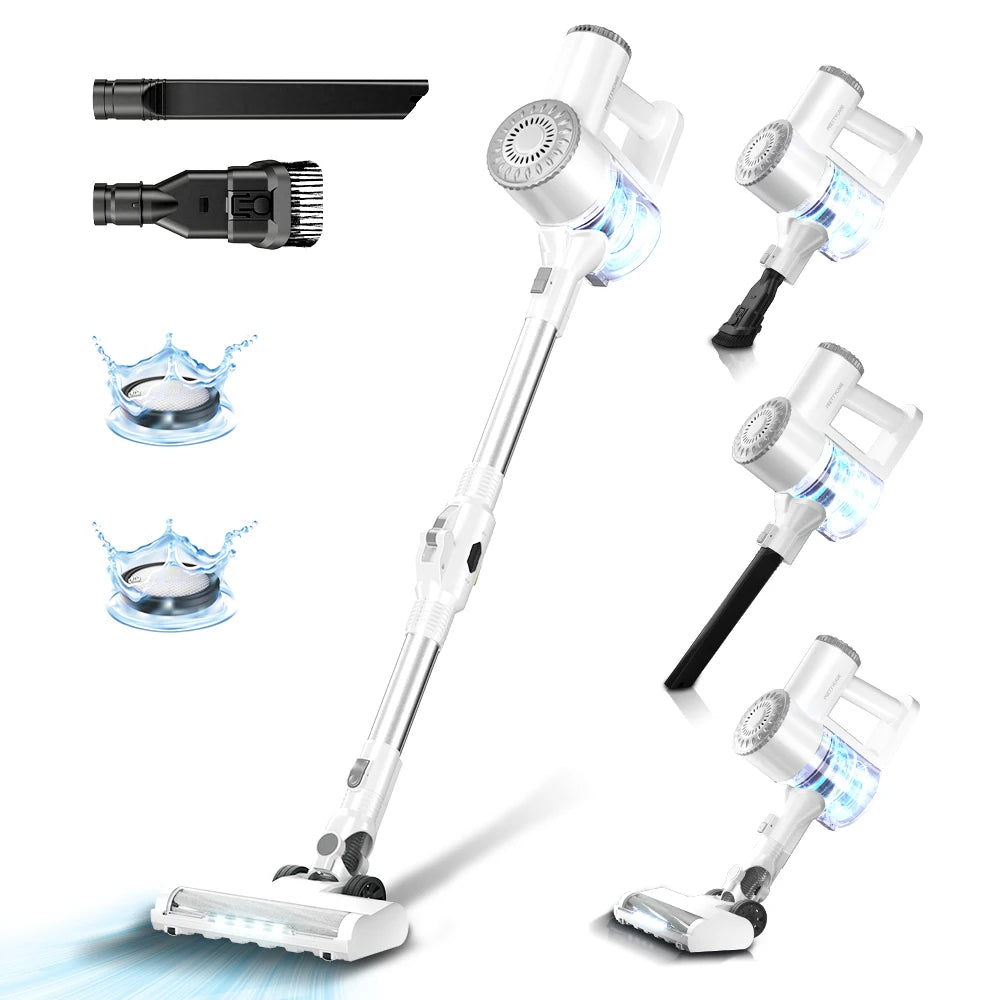 Aspirador de Pó Sem Fio PrettyCare W400 com Sucção de 25KPA, Aspirador Portátil Poderoso com 40 Minutos de Tempo de Funcionamento e Conjunto de 3 Escovas