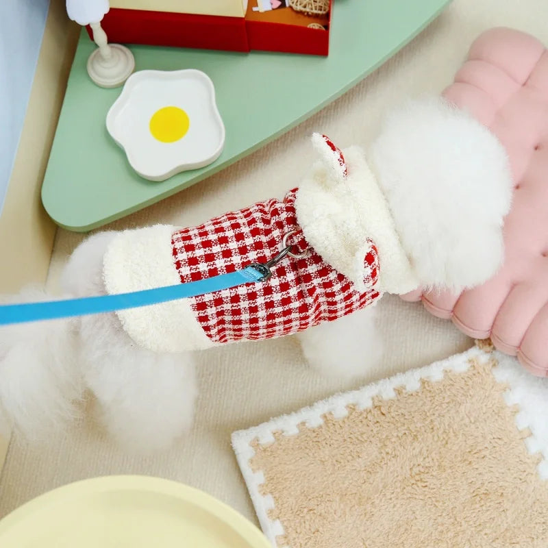 Quente de pelúcia cão com capuz jaqueta bonito arco vestido do cão casaco inverno animal de estimação filhote de cachorro traje vermelho xadrez gato jaqueta casaco pet cardigan roupas para cães