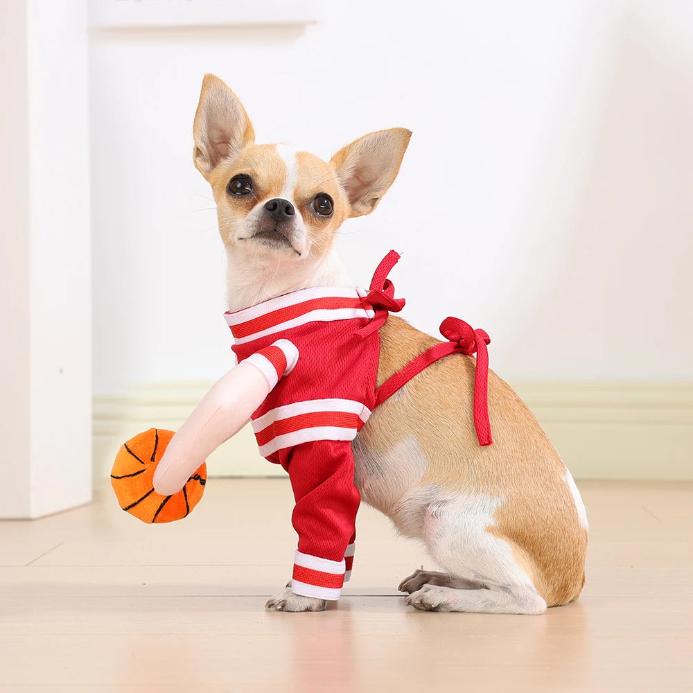 Fantasia de Basquete para Pets de Halloween com Bola 3D, Roupa Divertida de Cosplay Esportivo para Cães Pequenos e Médios, Vestuário para Pug, Sessões de Fotos e Brincadeiras