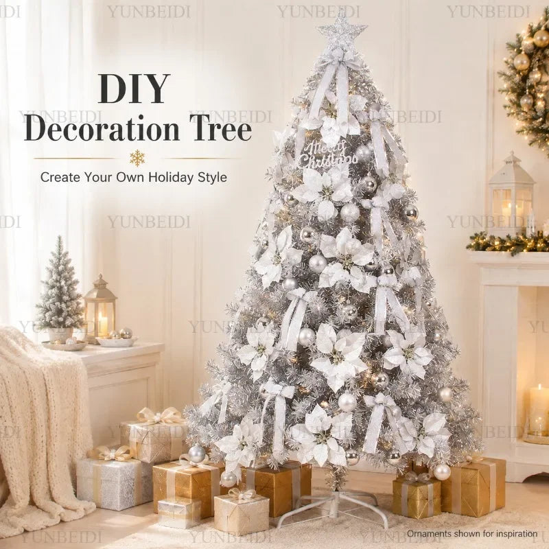 Árvore de Natal Artificial Prateada em PVC 120-240cm de Alta Qualidade com Luzes LED Quentes, Decoração para Festa de Natal em Casa