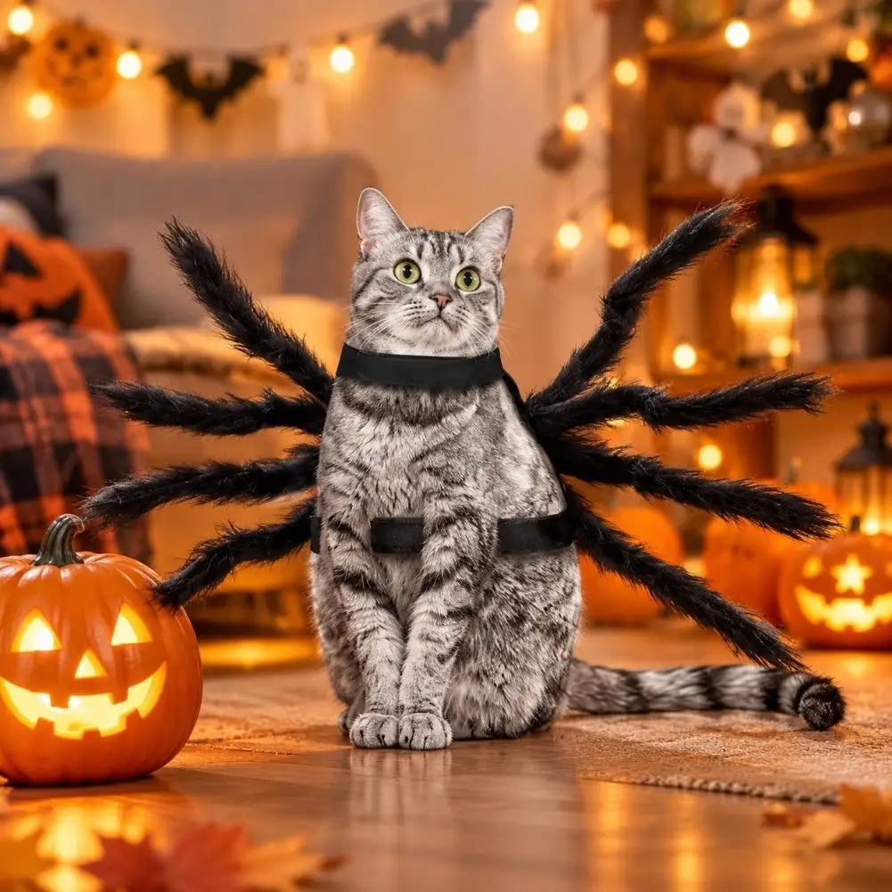Fantasia de aranha para animais de estimação no Halloween, roupas engraçadas e realistas com pelúcia para cães e gatos, fantasia de cosplay para peito e costas, roupa de festa para cães de porte pequeno e médio