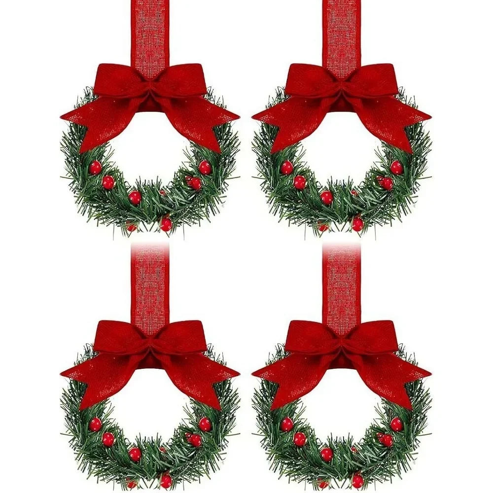 4 Peças de Mini Guirlandas de Natal, Decorações para Janelas, Laços de Fita, Frutas Vermelhas, Decorações para Festas de Natal em Casa