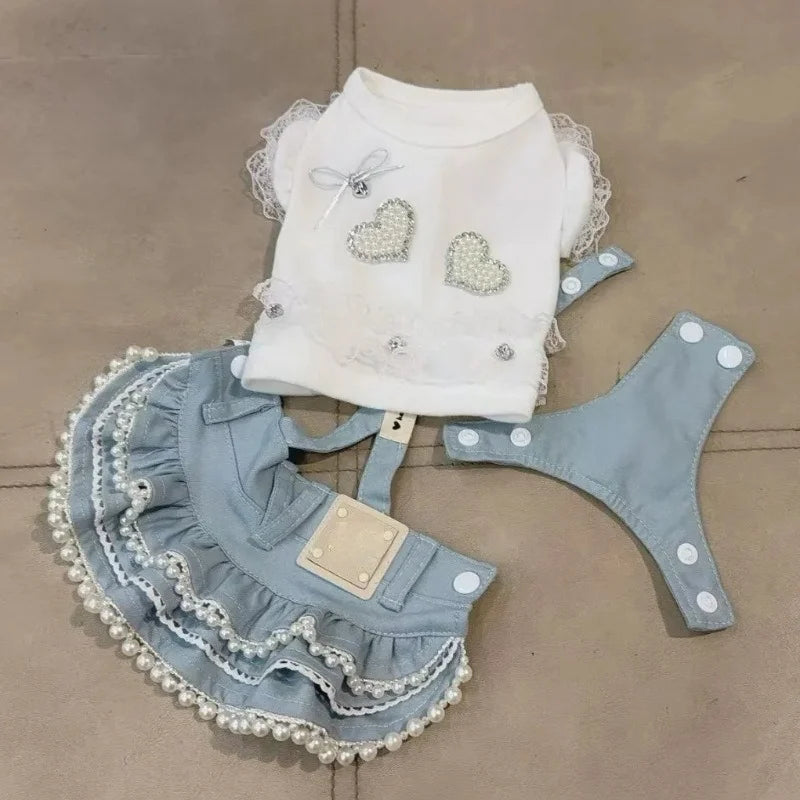 Roupas para animais de estimação para cães e gatos pequenos, blusa de renda com manga bufante, saia jeans, roupa diária fofa para cachorrinhos e gatinhos