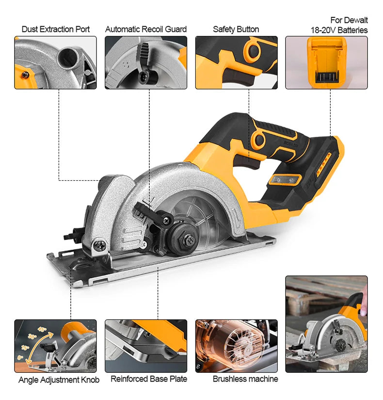 Serra circular elétrica sem escova Electric Goddess 5 polegadas ﻿ Para bateria Dewalt 20V ﻿ Ferramenta elétrica de serra portátil sem fio para carpintaria de 1000 W ﻿