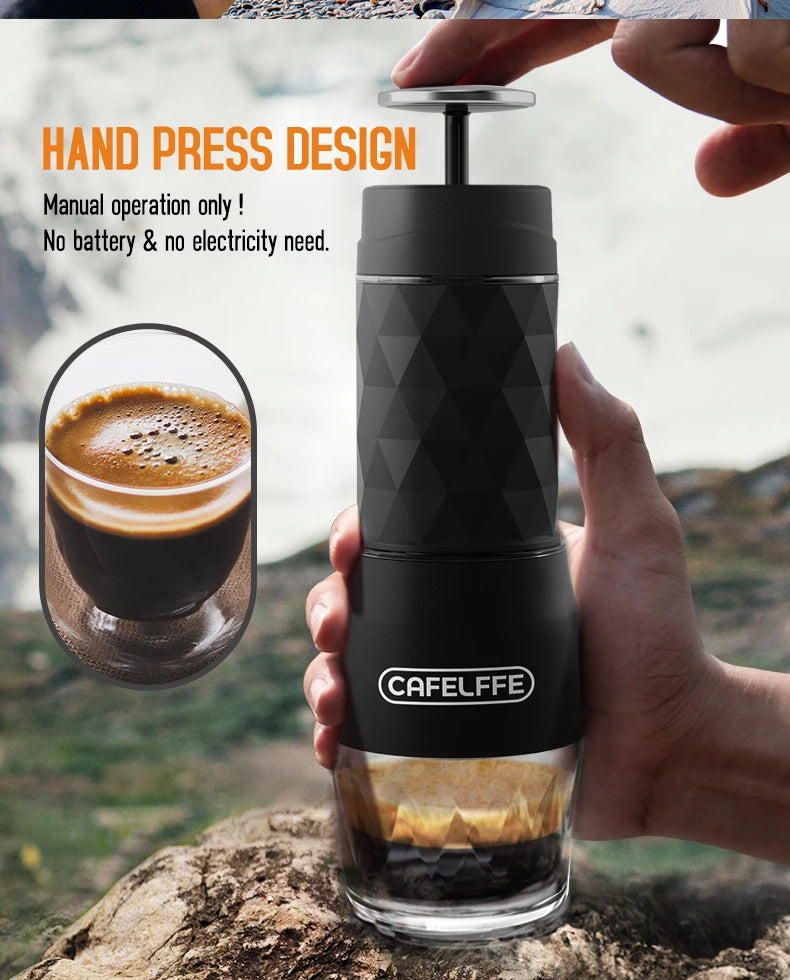 Máquina de Café Portátil Cafelffe 3 em 1, Cafeteira Manual para Cápsulas e Café Moído, Espumador de Leite, Preparador Manual para Viagens e Presentes