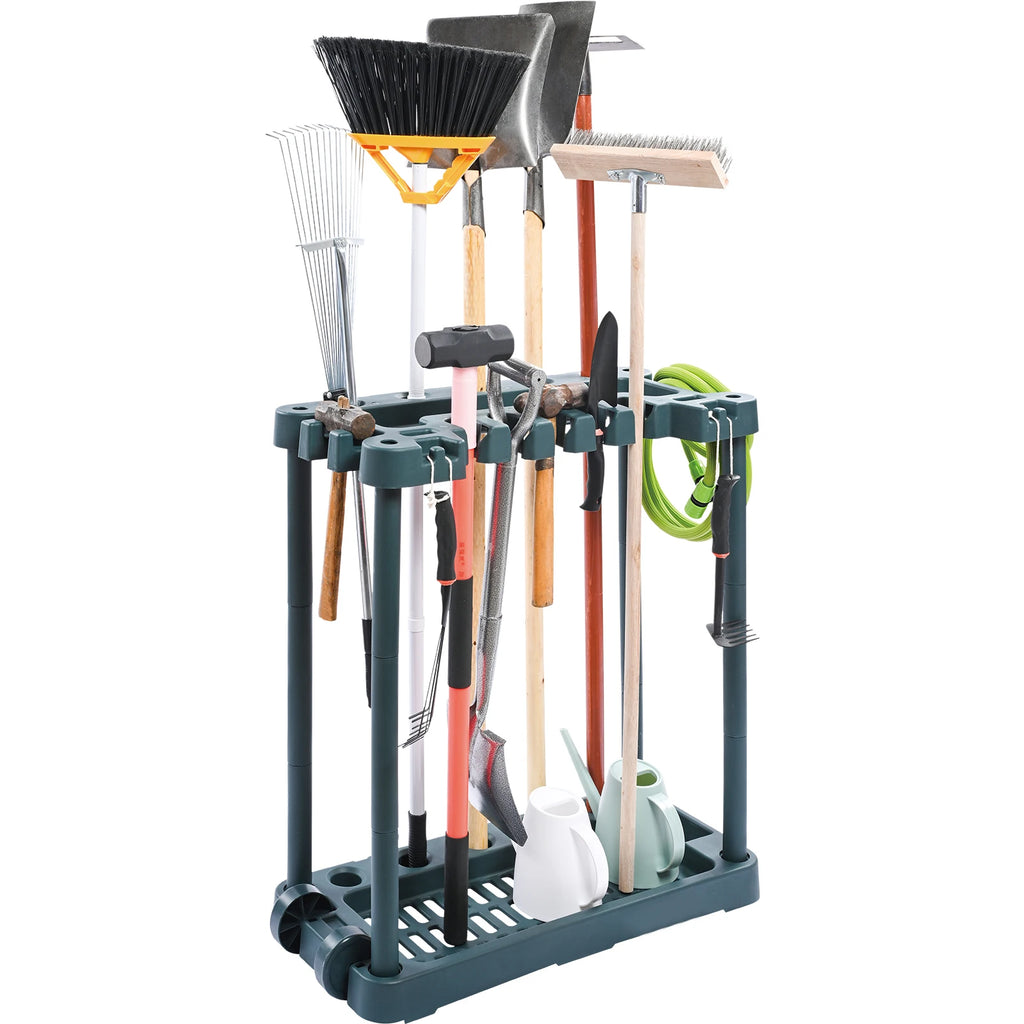 SucceBuy Organizador de ferramentas de jardim com 10 espaços, ferramenta de alça longa/rolo/torre de quarto, suporte de rack de armazenamento para organização de garagem