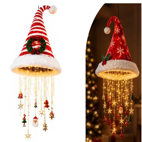 Luz de Natal LED em Forma de Chapéu de Papai Noel, Luzes de Cordão Brilhantes e Quentes, Decoração de Natal para Casa, Escada e Festa.